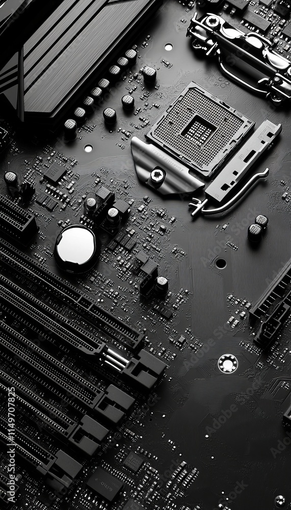 Poster close up view of a motherboard on a table showcasing its intricate components and design