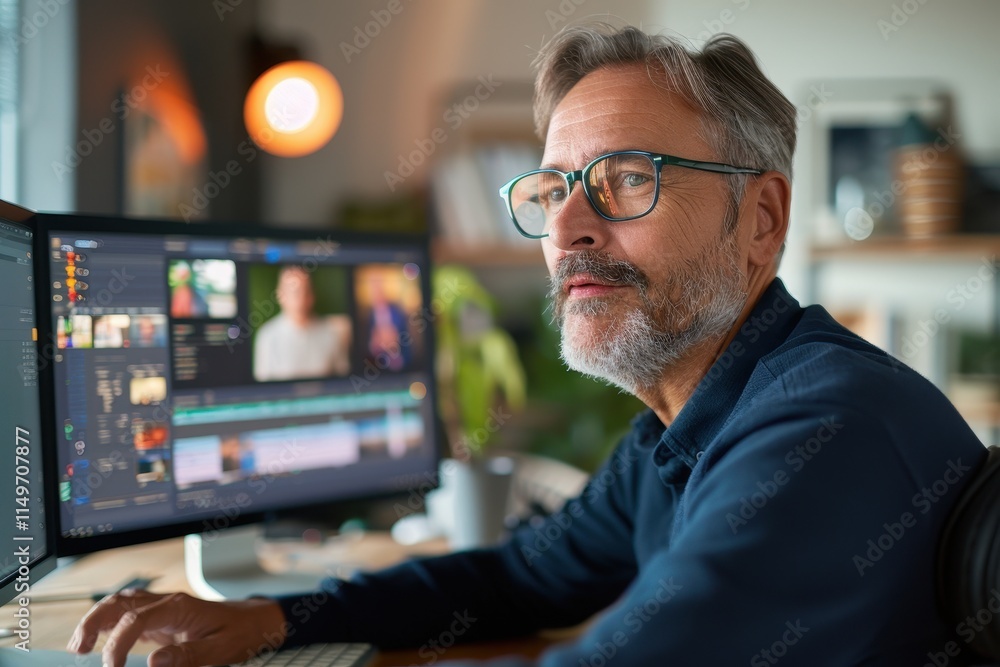 Poster a focused older man edits video content on a computer, surrounded by a modern workspace filled with 