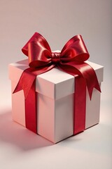 Fototapeta premium Box with shiny red bow made of metallic material, ribbon, decoration, holiday