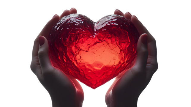 A couple’s hands holding a red heart, isolated on transparent 