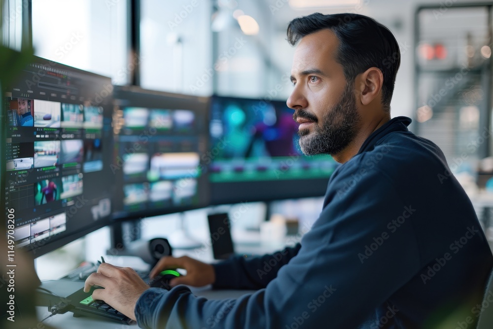 Poster a focused man edits video content on multiple screens in a modern workspace, showcasing technology a