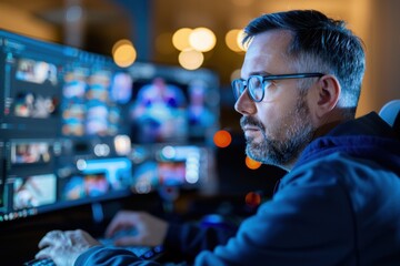 A focused man is working at a multi-screen computer setup, deeply engaged in digital editing or analysis with ambient lighting in the background.