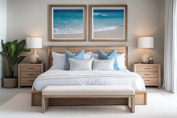Coastal Bedroom Design: Tranquil Waves & Light Wood Furnishings create a Serene Atmosphere in this Relaxing Space.