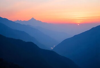 A silhouetted picture of the Ganges Valley in Uttarakhand, India, encompassing the foothills of the Himalayas between Rishikesh and Devprayag