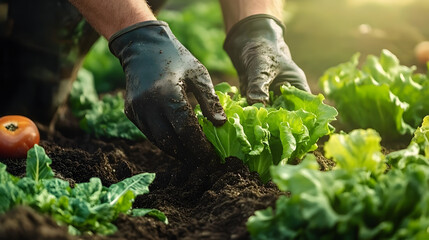 Naklejka premium Hands planting soil and lettuce in garden with vegetables nearby