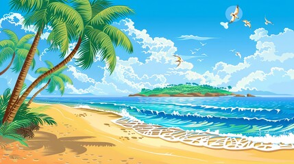 Fototapeta premium A cartoon illustration of a tropical beach scene with palm trees.