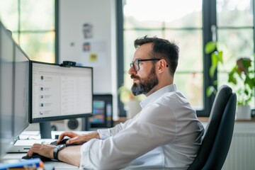 Fototapeta premium A man with glasses and a beard is working at a desk with two monitors, focused on his tasks in a bright, modern workspace.