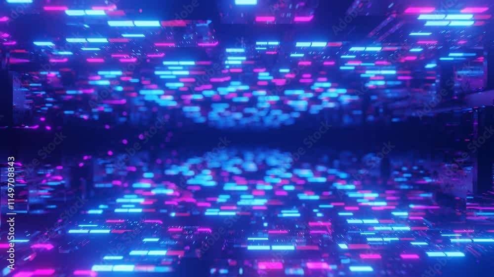 Poster tunnel of glass luminous blocks. fly through technology cyberspace with neon glow. sci-fi flight thr