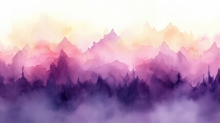 Misty purple and orange mountain range landscape.