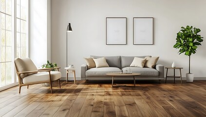 Modern minimalist living room interior with gray sofa, wooden floors, armchair, and large window.