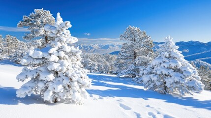 Snow-covered pine trees on a mountainside under a bright blue sky.