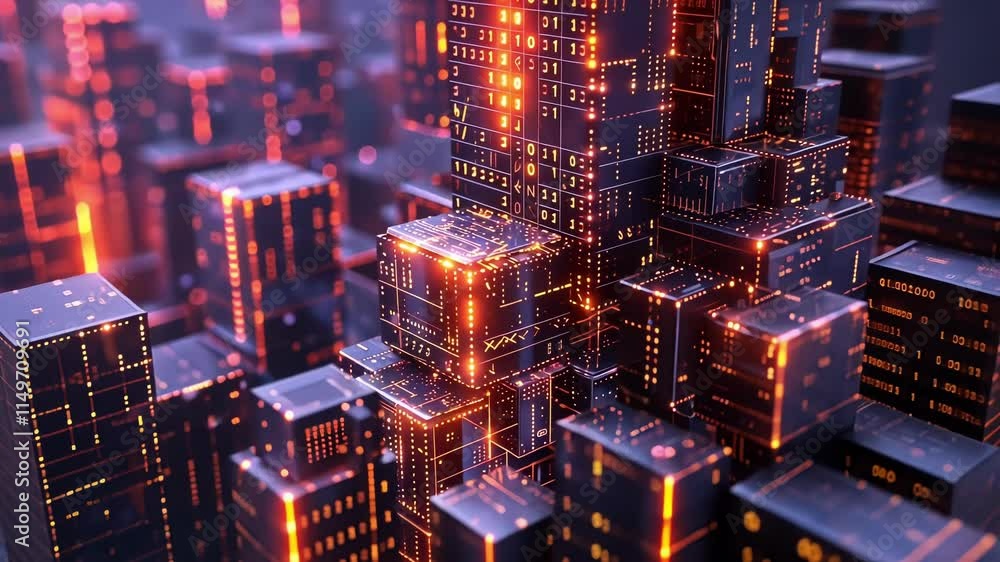 Poster complex data streams are flowing through a futuristic server room visualization, creating a dynamic 