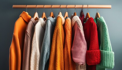 Generated image Assortment of colorful knitted sweaters and scarves hanging on a rack, Woollen jumpers 