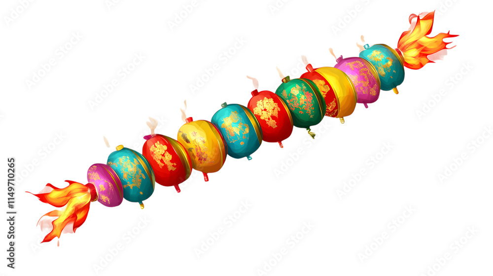 Poster a colorful firecracker string for chinese new year, isolated on transparent
