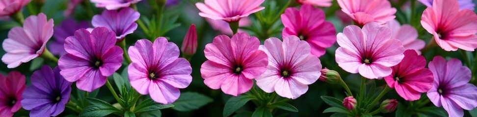 A bed of mixed purple and pink flowers with leaves and stems, blossoms, mixed, bed