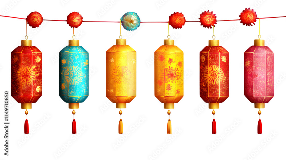 Poster a colorful firecracker string for chinese new year, isolated on transparent