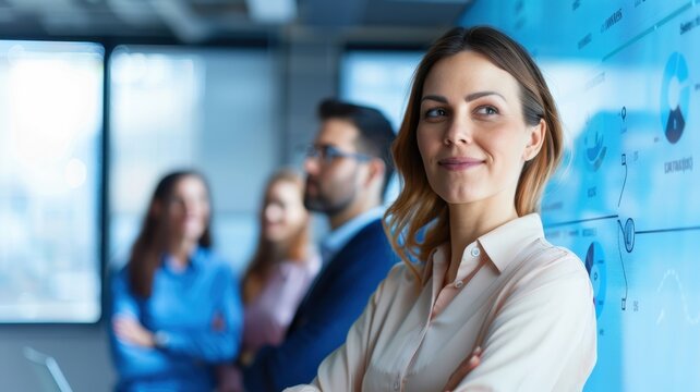 A confident woman stands in front of colleagues, embodying leadership and collaboration in a modern office environment.