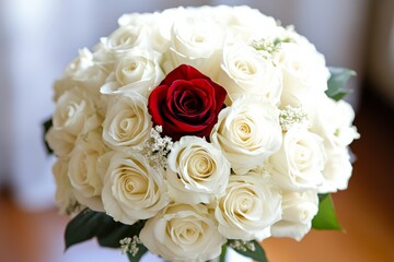 Obraz premium Stunning bouquet of white roses with a single red rose symbolizing love and celebration
