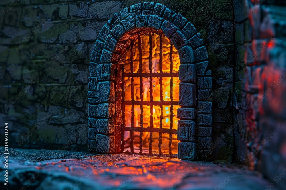 Poster dungeon gate glowing orange behind bars, creating a mysterious and ominous atmosphere