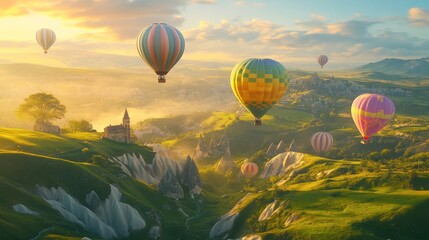 Fototapeta premium Colorful hot air balloons soar over a picturesque valley at sunrise, casting a magical glow on the landscape.