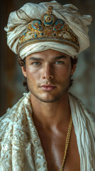 Obraz premium Handsome Royal Man in Ornate Golden Turban and Regal Attire