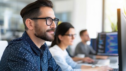 A focused man with glasses works at a computer in a bright office, collaborating with colleagues on programming or tech-related tasks.