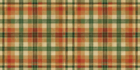A vibrant plaid pattern with warm colors in red, green, and beige tones.