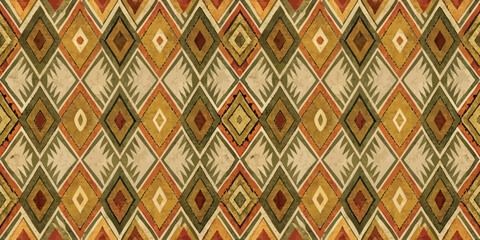 Geometric patterned fabric in earthy tones with diamonds and triangles