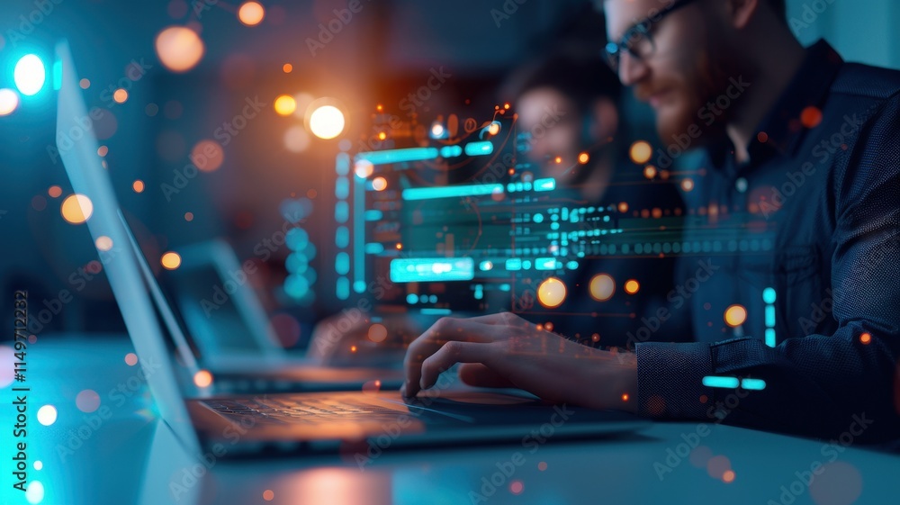 Poster a focused individual types on a laptop, surrounded by digital data visuals, illustrating the interse