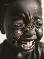 A black and white photo of a crying child