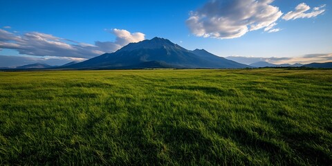 Vast grassy plain stretches to a mountain range under a vibrant blue sky.