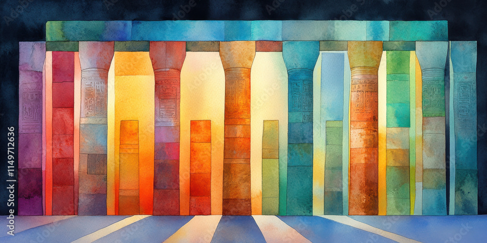 Poster egypt style art, a vibrant abstract composition featuring colorful vertical shapes with a gradient e