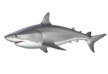 A whole shark with a streamlined body, featuring a silver-gray coloration on its sides and a darker back. The fish has a prominent eye and a slightly forked tail. The background is plain white , empha