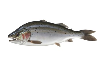 Obraz premium A whole trout with a streamlined body, featuring a silver-gray coloration on its sides and a darker back. The fish has a prominent eye and a slightly forked tail. The background is plain white , empha