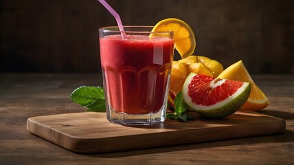 A vibrant glass of freshly pressed juice with a slice of fruit on the rim, placed next to a cutting board with fruit slices.
