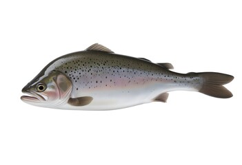 Obraz premium A whole trout with a streamlined body, featuring a silver-gray coloration on its sides and a darker back. The fish has a prominent eye and a slightly forked tail. The background is plain white , empha