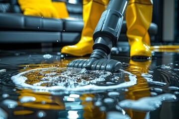 Person in yellow boots is cleaning up a flooded floor with a vacuum