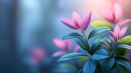 Fototapeta premium Soft pink flowers and teal leaves in sunlit forest.