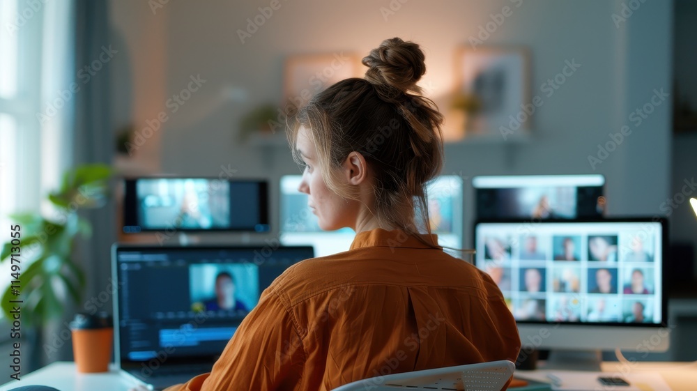 Poster a woman with a bun hairstyle sits at a desk, focused on multiple computer screens displaying video c