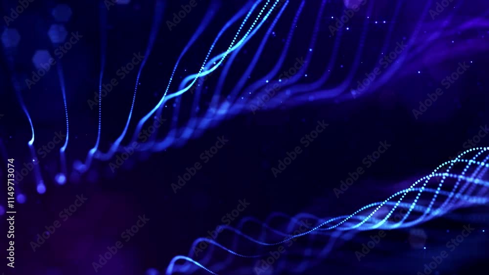 Poster vj loops strings. dynamic abstract waves in vibrant blue and purple hues for modern design