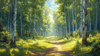 Obraz premium Sunlit path through birch forest.