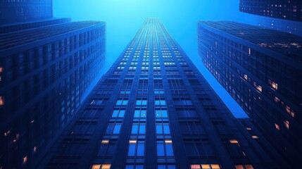 Low angle view of skyscrapers at night, illuminated windows, city skyline.