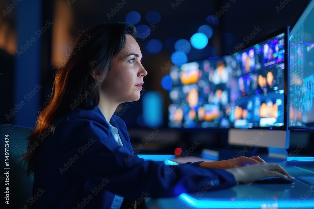 Poster a focused professional monitors multiple screens in a dark room, analyzing data and media content wi