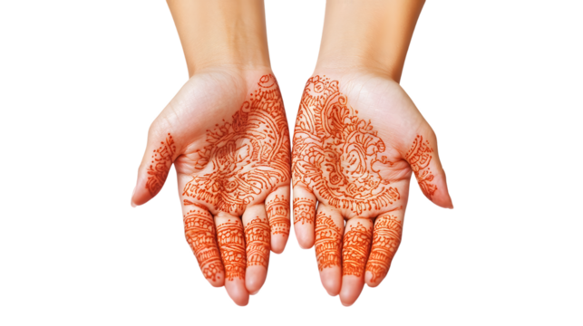A close-up of intricate henna patterns on hands, isolated on white - Powered by Adobe