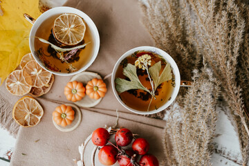 Cozy autumn vibes with herbal tea, dried citrus slices, and seasonal decor – a perfect setting for relaxation and warmth.