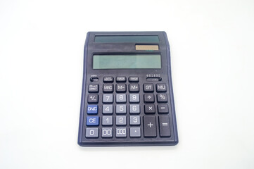 A black electronic calculator with a large display and multiple function buttons on a white background. Ideal for office, school, or home use