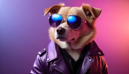 A dog with a light brown and cream coat wearing large sunglasses and a black leather jacket . The background features vibrant purple and pink lighting , creating a stylish and cool atmosphere
