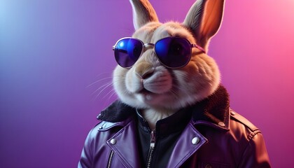 A rabbit with a light brown and cream coat wearing large sunglasses and a black leather jacket . The background features vibrant purple and pink lighting , creating a stylish and cool atmosphere