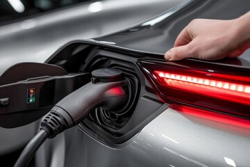 Close up of a hand plugging in an electric car, showcasing charging port and vehicle details