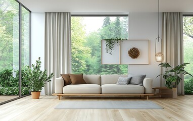 Modern minimalist living room with large windows overlooking a lush green forest, featuring a light beige sofa, wooden flooring, and indoor plants.